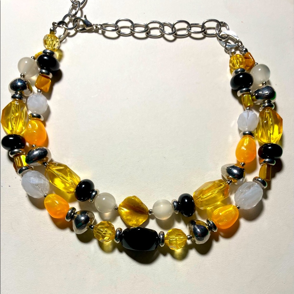 Silver beaded white, yellow, black, necklace #813